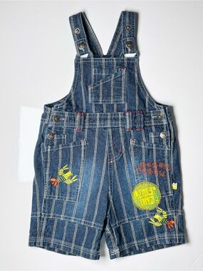 Vintage Gagou Tagou Effigi Pinstripe Denim Overall Shorts Lobster 12M Unisex